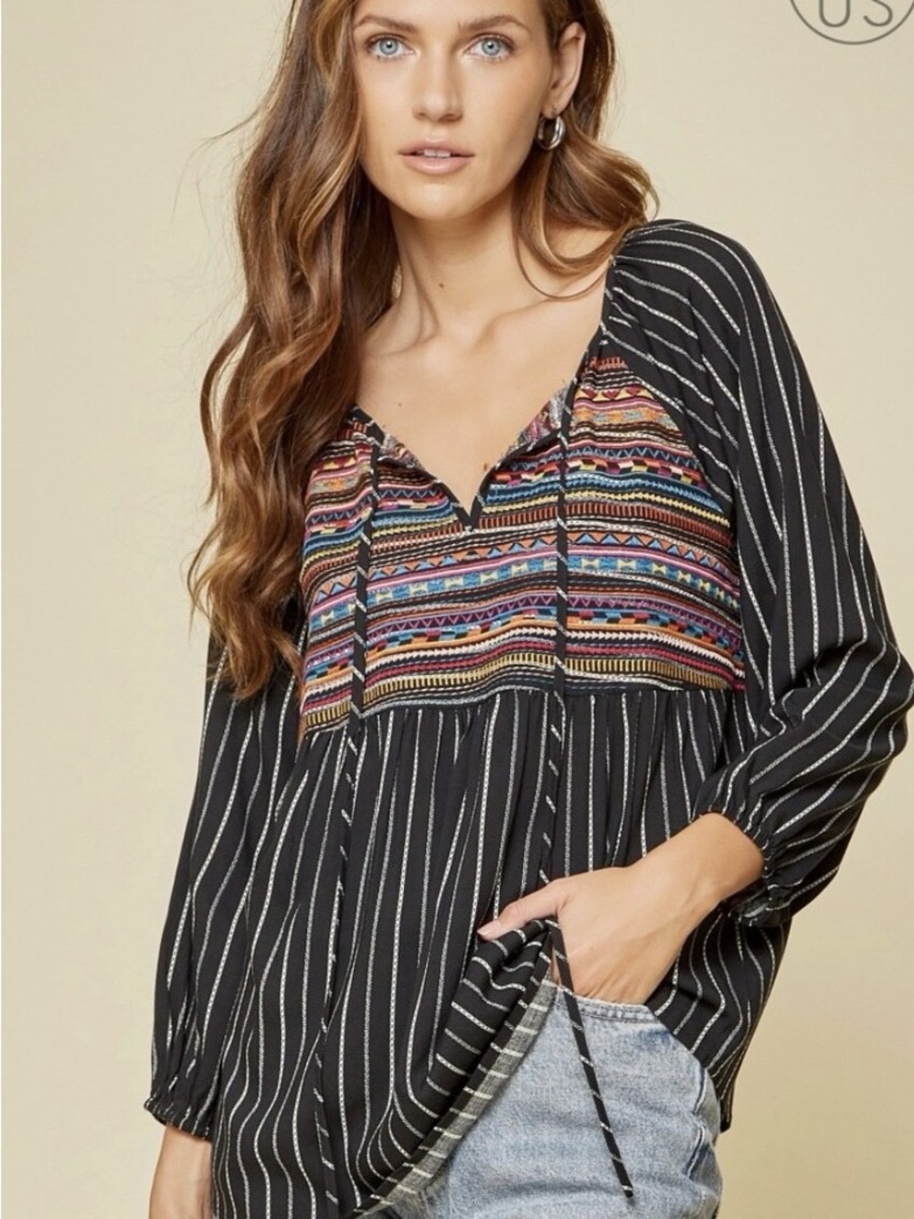 NWT Savanna Jane Black Striped Peasant Top Tunic Multicolor Ikat Embroidery S